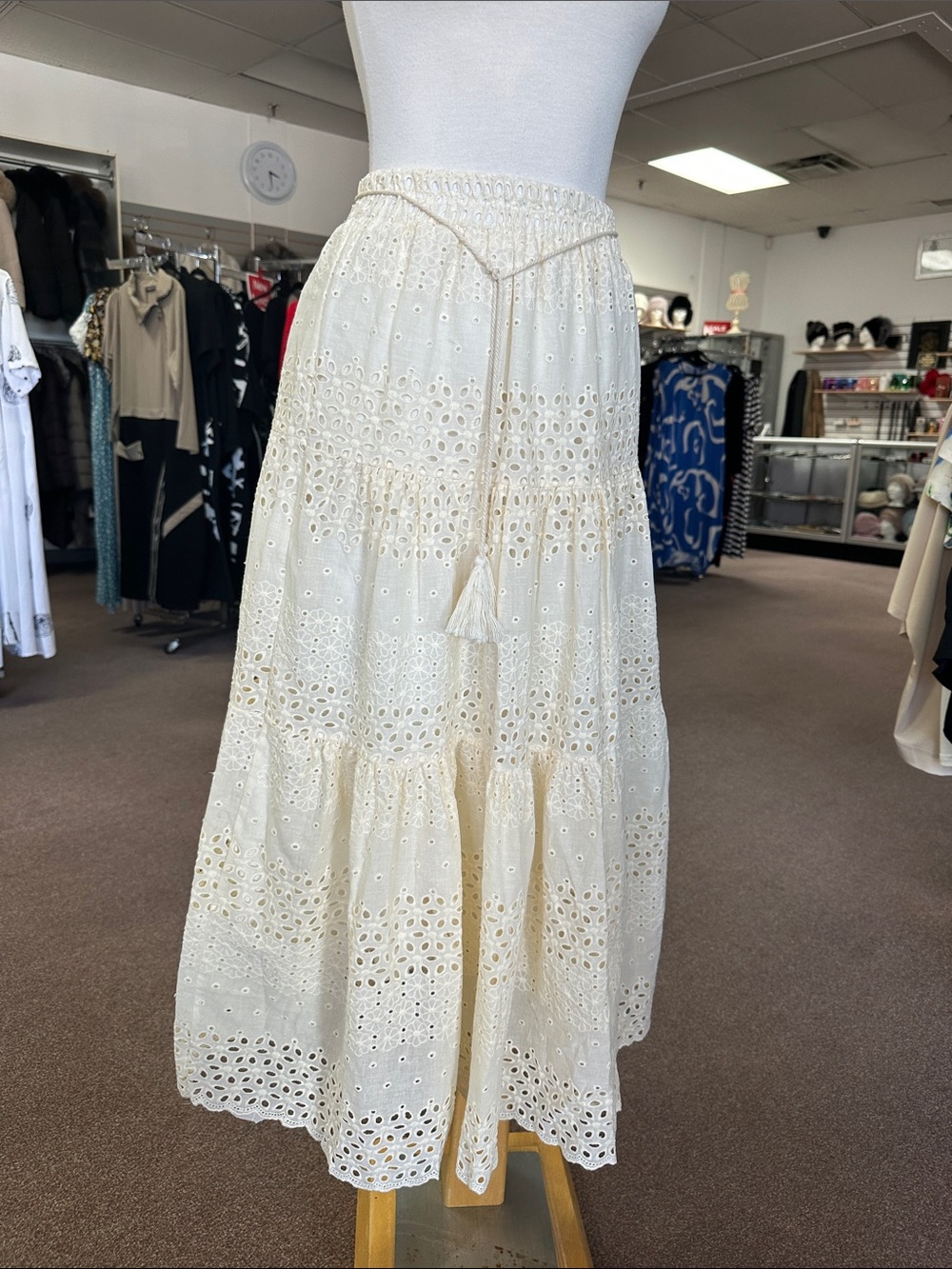 Boho Cream Eyelet Tiered Maxi Skirt with Tassel Waist